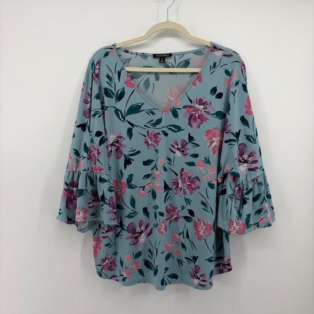 Roz & Ali Womens 1X Teal Floral Blouse V-Neck Ruffle Bell 3/4 Sleeve Top